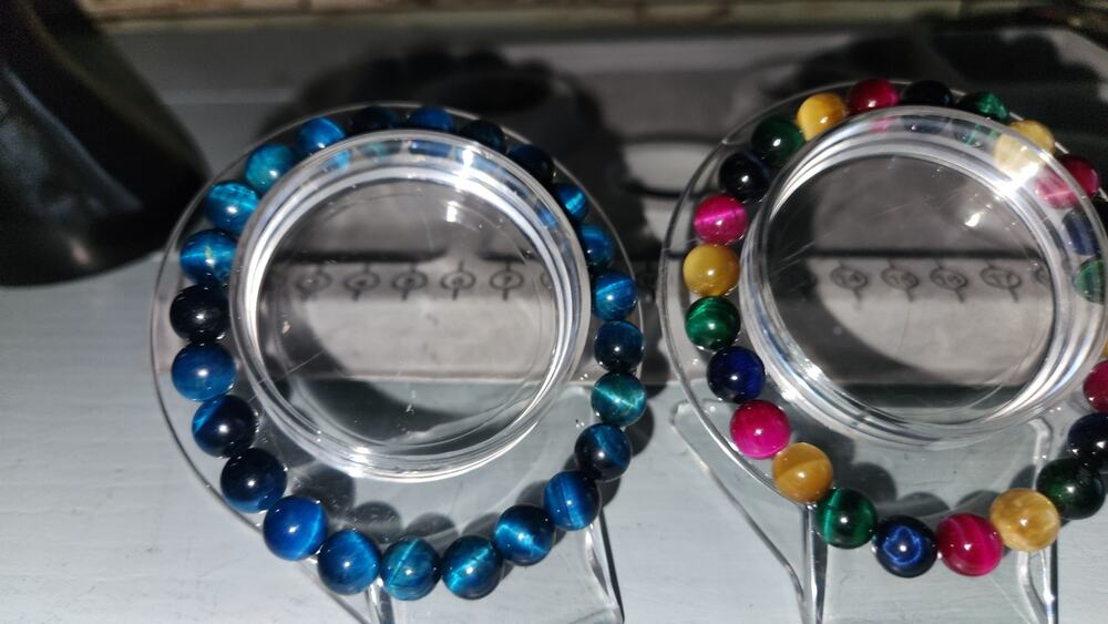 Tiger’s Eye Beaded Bracelets – Blue, Rainbow & Purple – Set of 3